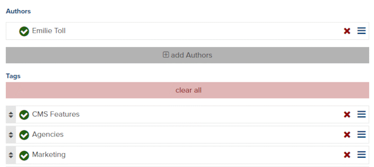 The Author and Tag fields in Marketpath CMS