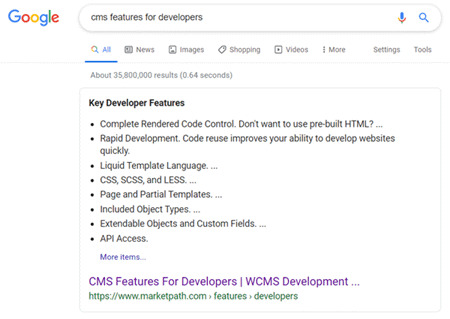 Google Featured Snippet Example for Search Term "cms features for developers"