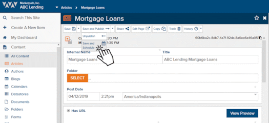 Clicking on Save and Publish in Marketpath CMS with Scheduled Publishing