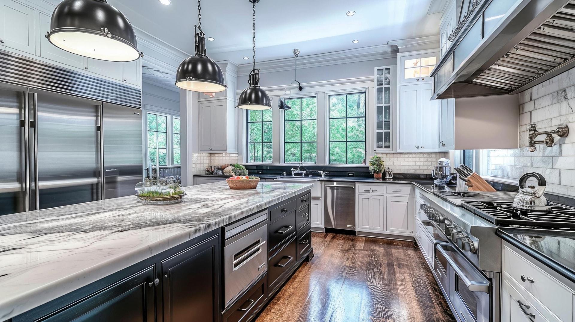 Spacious Kitchen Remodeling Project Featuring Marble Countertops, Detailed Cabinetry, Highend Appliances