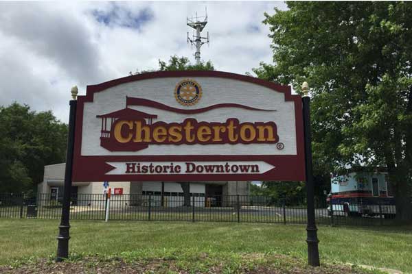 Sign for Chesterton Indiana with Fiber Tower in the background