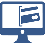 Blue icon of a computer monitor with a credit card in the middle of the screen,  on a white background