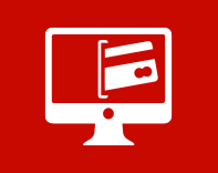 White computer monitor with a credit card in the middle of the screen (icon) on a red background
