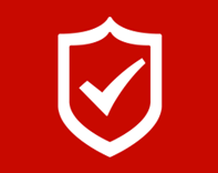 White check mark inside a shield (icon) on a red background