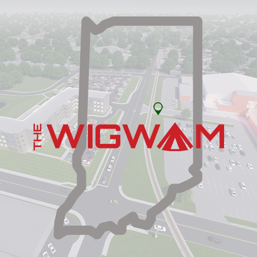Outline of Indiana with marker on the Wigwam Complex in Anderson, Indiana - an Opportunity Zone