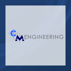 C M Engineering's logo on a blue background that matches their new website