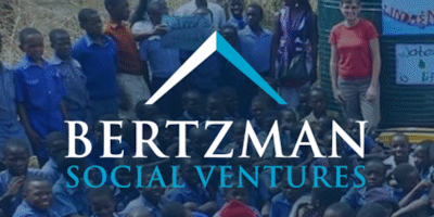 Square graphic of Bertzman Social Ventures logo with a background of one of their projects