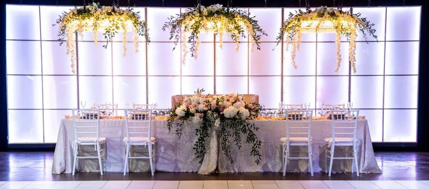 Headtable with Chandeliers Wedding Reception Downtown Indianapolis
