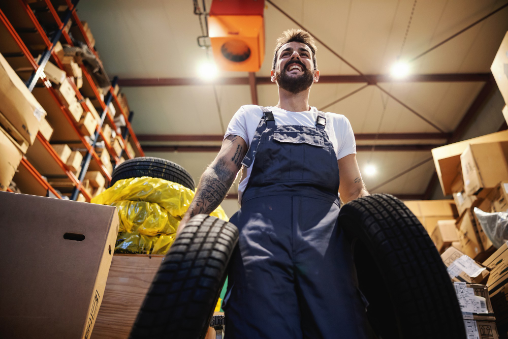 low-angle-view-smiling-hardworking-blue-collar-worker-overalls-carrying-tires-walking-storage-import-export-firm