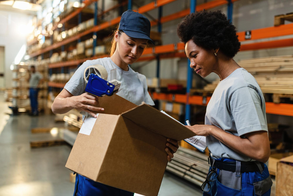 female-warehouse-workers-checking-cardboard-box-before-final-packing-while-working-distribution-warehouse