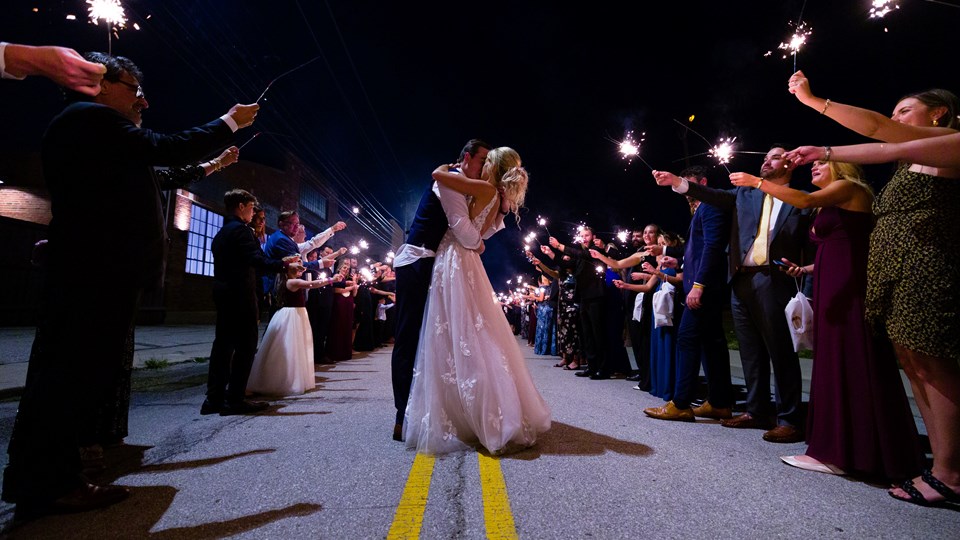 Berry Turner Wedding Sparkler Exit at Crane Bay Event Center - downtown Indianapolis