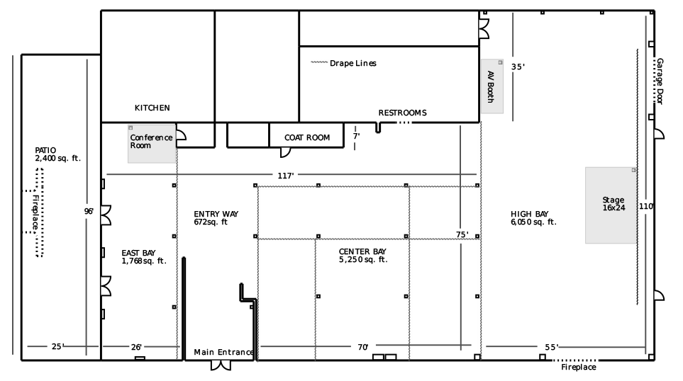 The Crane Bay Floor Plan complete with Drape Lines and Patio - a Downtown Indianapolis Event Venue